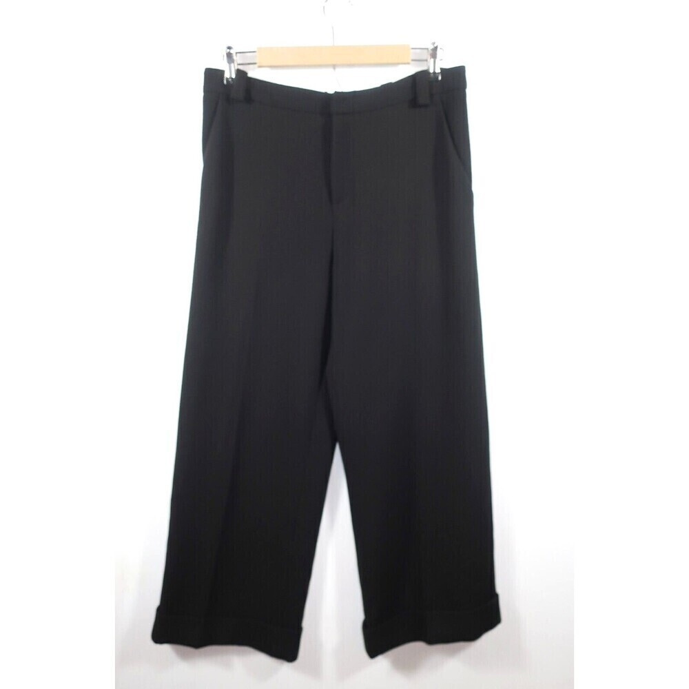 Roland Mouret Black Crepe Wide Leg Pants Wool Silk Lining Cuffed Crop Size 8 10